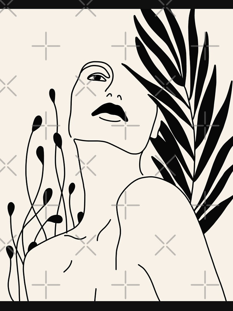 Woman Portrait And Plant Leaves Line Art by trajeado14