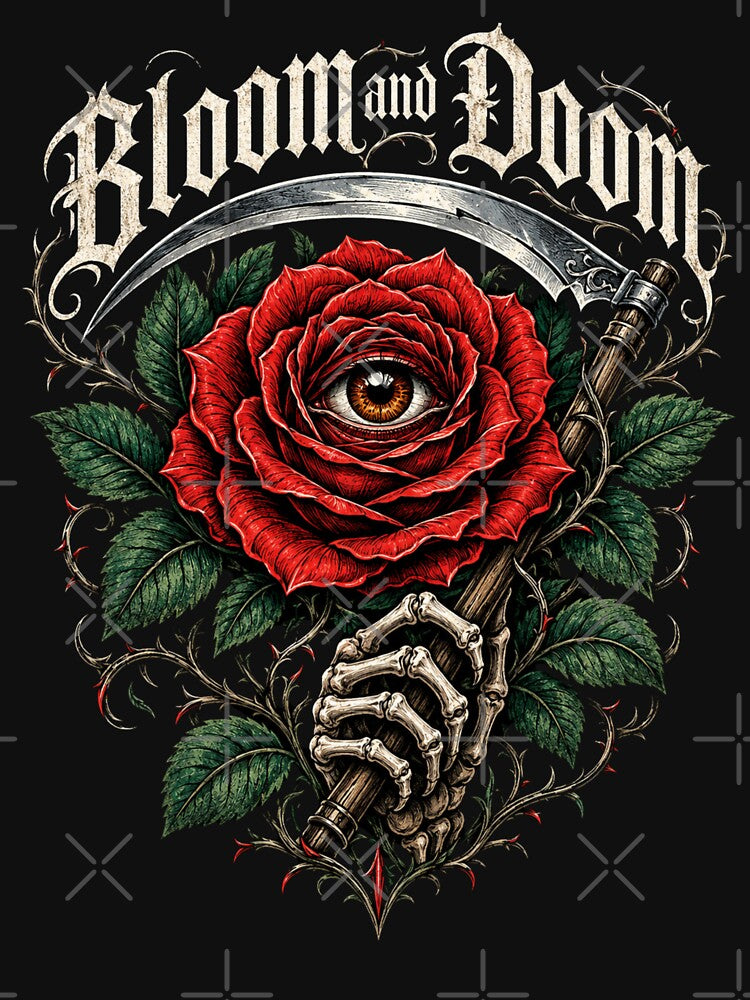 Bloom and Doom – Surreal Rose Eye Reaper Design by FocusedPatterns