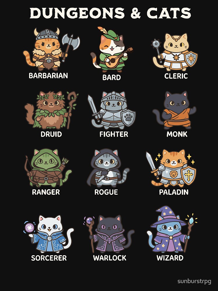 Dungeons & Cats - All DnD Classes by sunburstrpg Unisex , , , Long Sleeve Tee