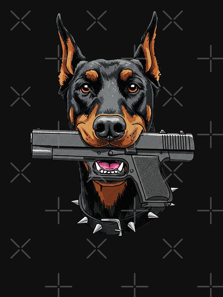 Doberman Pinscher with a Gun by TeeARTHY Unisex , , , Long Sleeve Tee