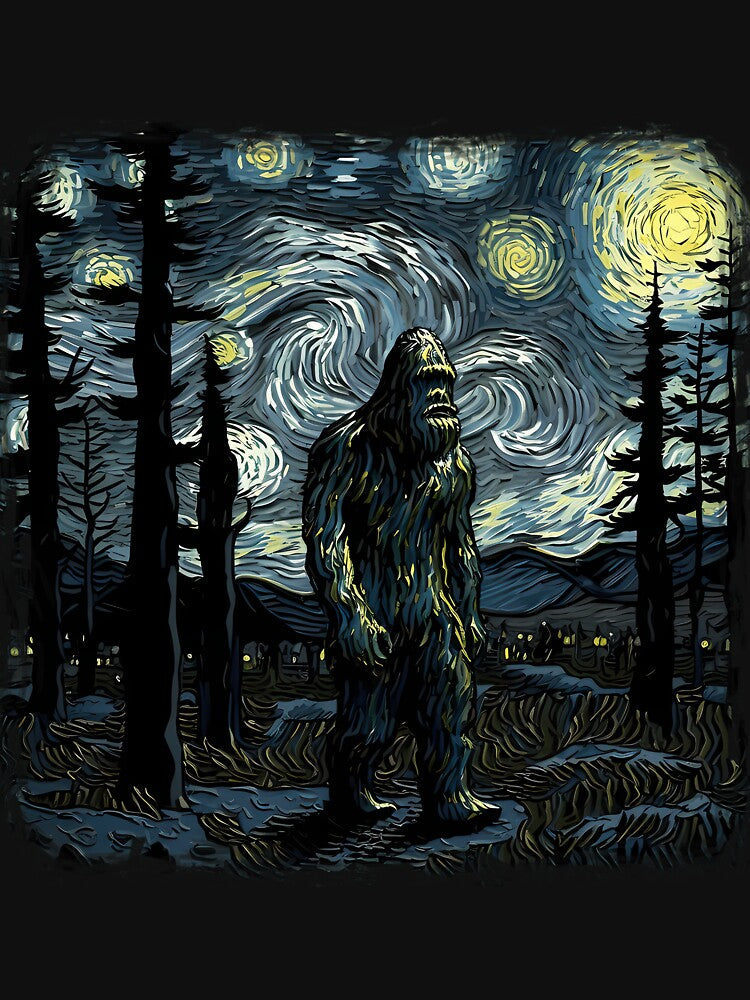 Bigfoot Starry Night Sasquatch Van Gogh Sky Painting Art Long Sleeve by GreggRoss Unisex , , , Long Sleeve Tee