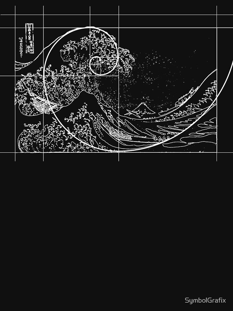 Hokusai Meets Fibonacci, Golden Ratio, White Line by SymbolGrafix Unisex , , , Long Sleeve Tee