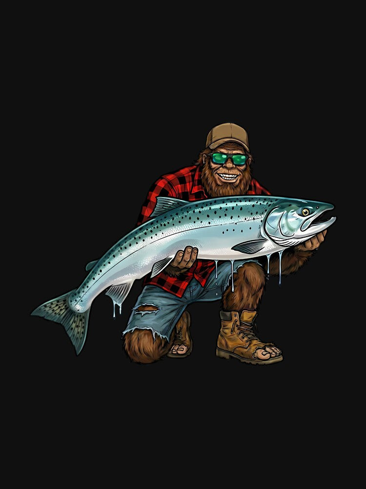 Bigfoot King Salmon Fishing Trophy Funny Sasquatch Fisherman Long Sleeve by mjohnson9 Unisex , , , Long Sleeve Tee
