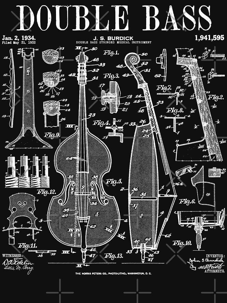 Double Bass Player Bassist Musical Instrument Vintage Patent by GrandeDuc Unisex , , , Long Sleeve Tee