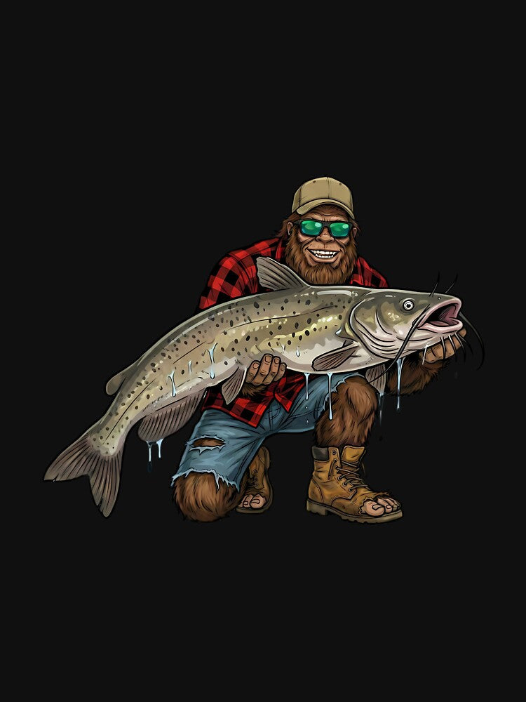 Bigfoot Channel Catfish Fishing Trophy Funny Sasquatch Long Sleeve by mjohnson9 Unisex , , , Long Sleeve Tee