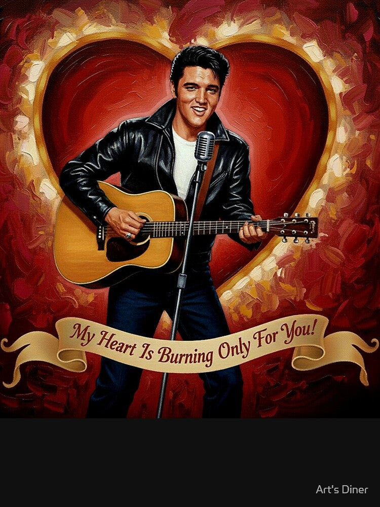 Elvis Presley Valentine Art – "My Heart Is Burning" Leather Jacket Oil Painting by Art's Diner