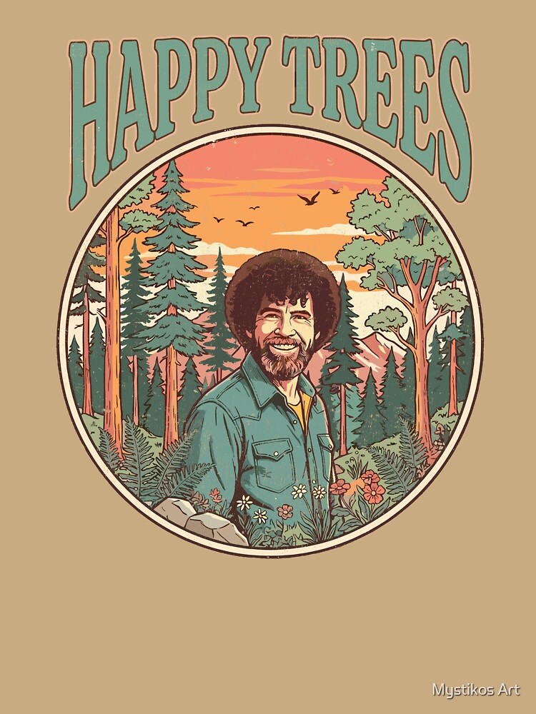 Vintage Retro Happy Trees Nature Landscape by Mystikos Art Unisex , , , Long Sleeve Tee