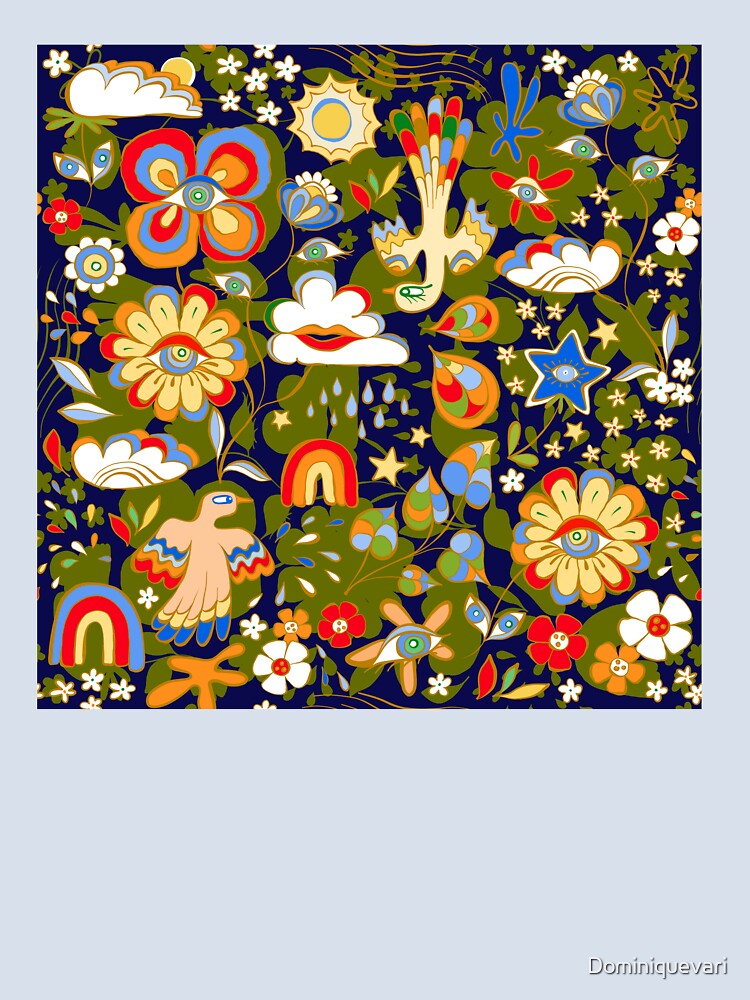 Imaginary Sensorial Garden with psychedelic eye-flowers, cloudy plants and magical birds by Dominiquevari
