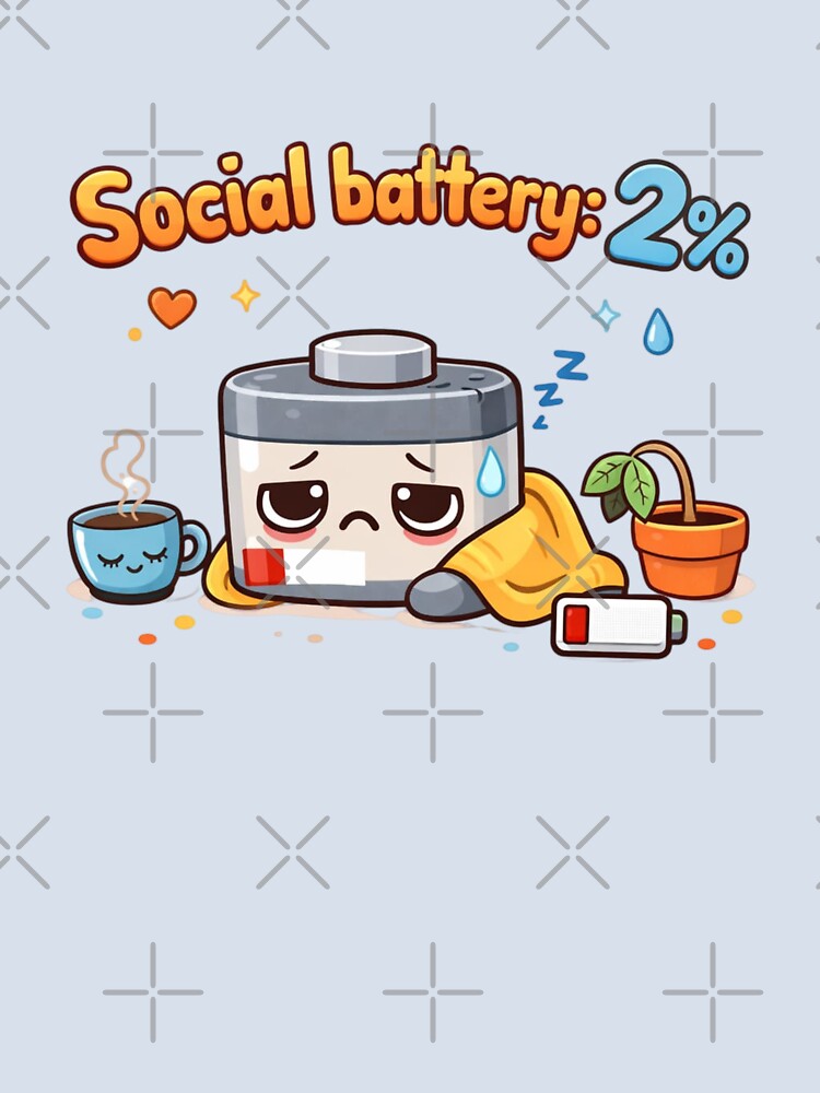 Social Battery 2% Cute Cartoon Introvert Design by Sanika arts Unisex , , , Long Sleeve Tee