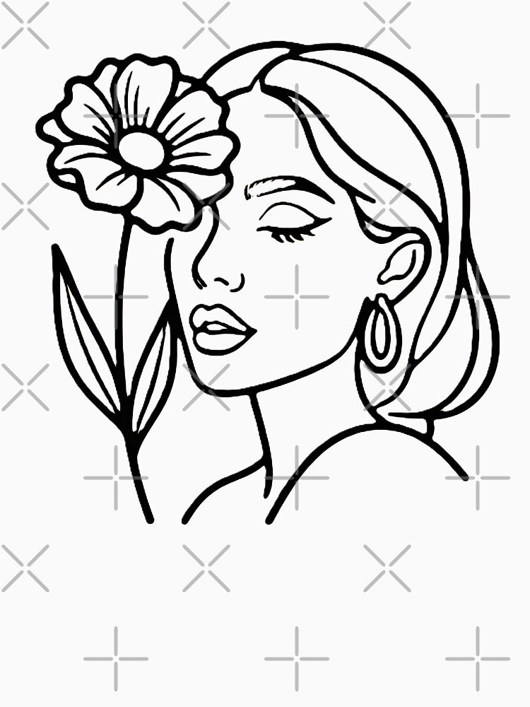 Minimalist Woman and Flower Line Art Elegant Female Portrait. Woman with Floral Element Simple Beauty Abstract Line Art Portrait by AlohaGoodday