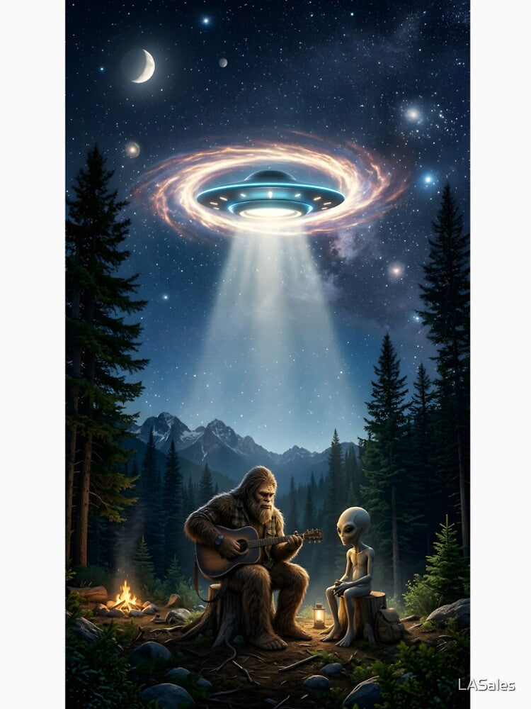 Bigfoot Playing Guitar With Alien by LASales Unisex , , , Long Sleeve Tee