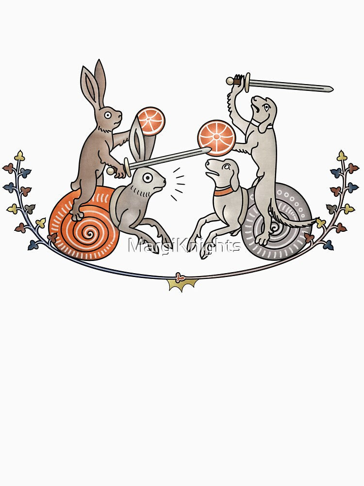 Medieval Marginalia Rabbits vs Dogs by MargiKnights Unisex , , , Long Sleeve Tee