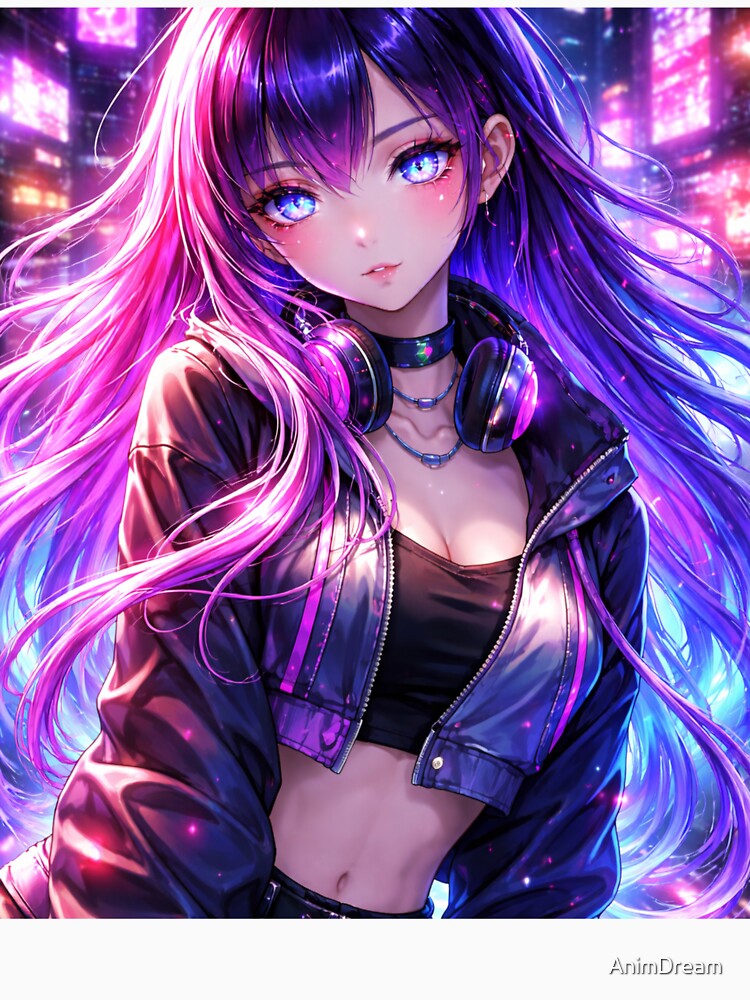 Hypnotic Neon Anime Girl – Cyberpunk Waifu Aesthetic Glow by AnimDream Unisex , , , Long Sleeve Tee
