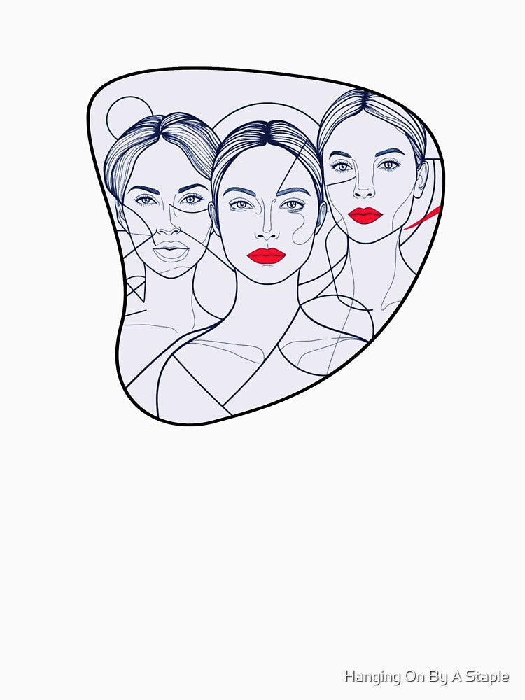 Modern Monochrome Line Drawing Red Contrast Female Faces by Hanging On By A Staple