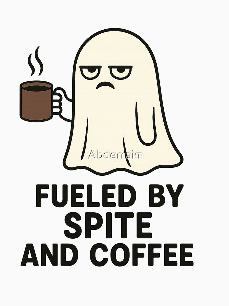 Fueled by Spite and Coffee – Funny Grumpy Ghost with Mug by Abderraim Unisex , , , Long Sleeve Tee
