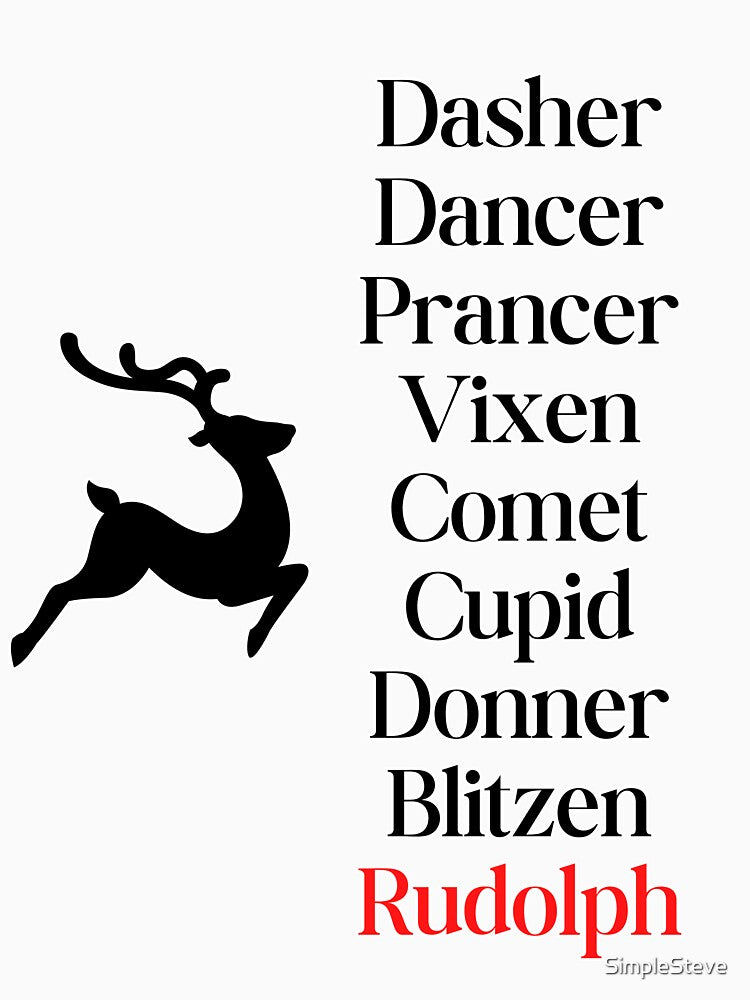 Simple Reindeer Names with Reindeer by SimpleSteve Unisex , , , Long Sleeve Tee