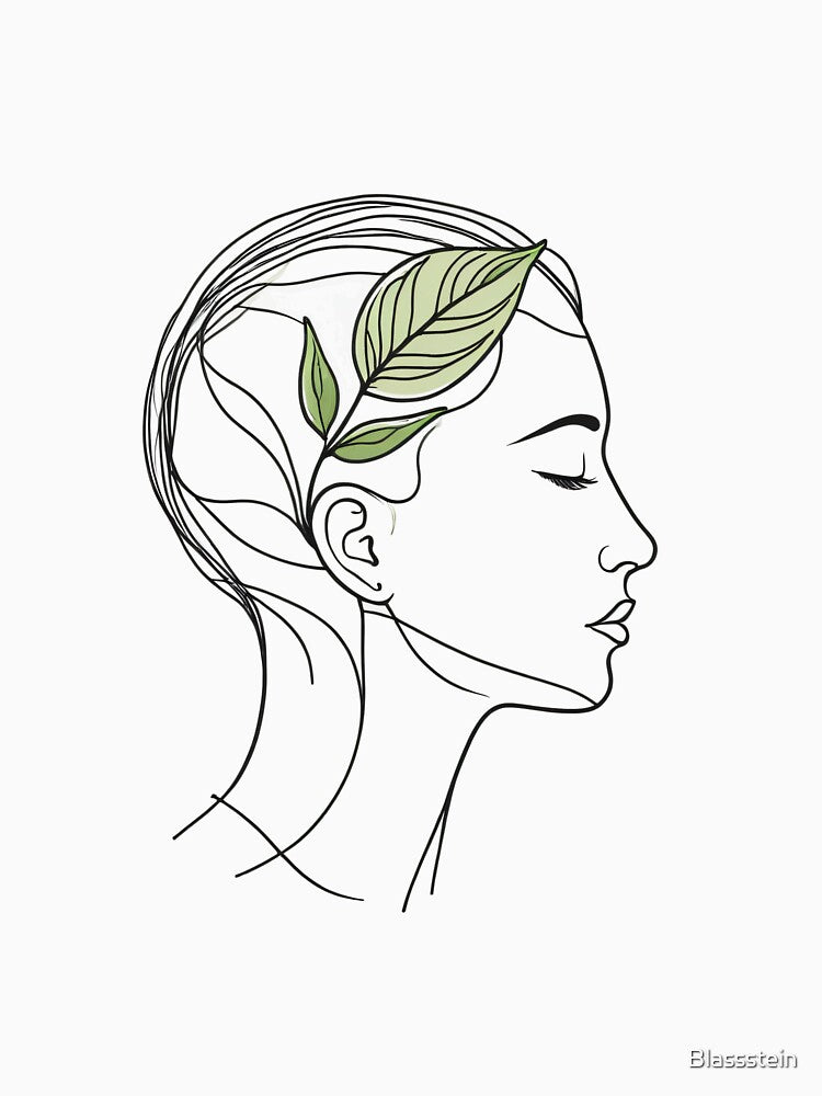 Minimalist Woman Line Art with Green Leaves – Mindful Nature Illustration by Blassstein