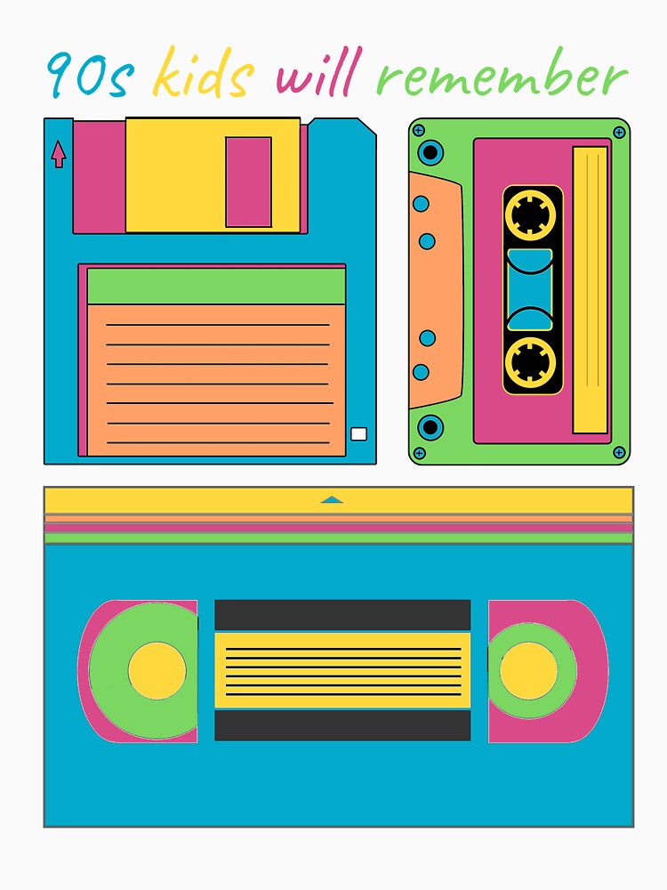 90s Kids Will Remember VHS Cassette Tape Floppy Disk Retro Vintage by Sid3walkArt2 Unisex , , , Long Sleeve Tee