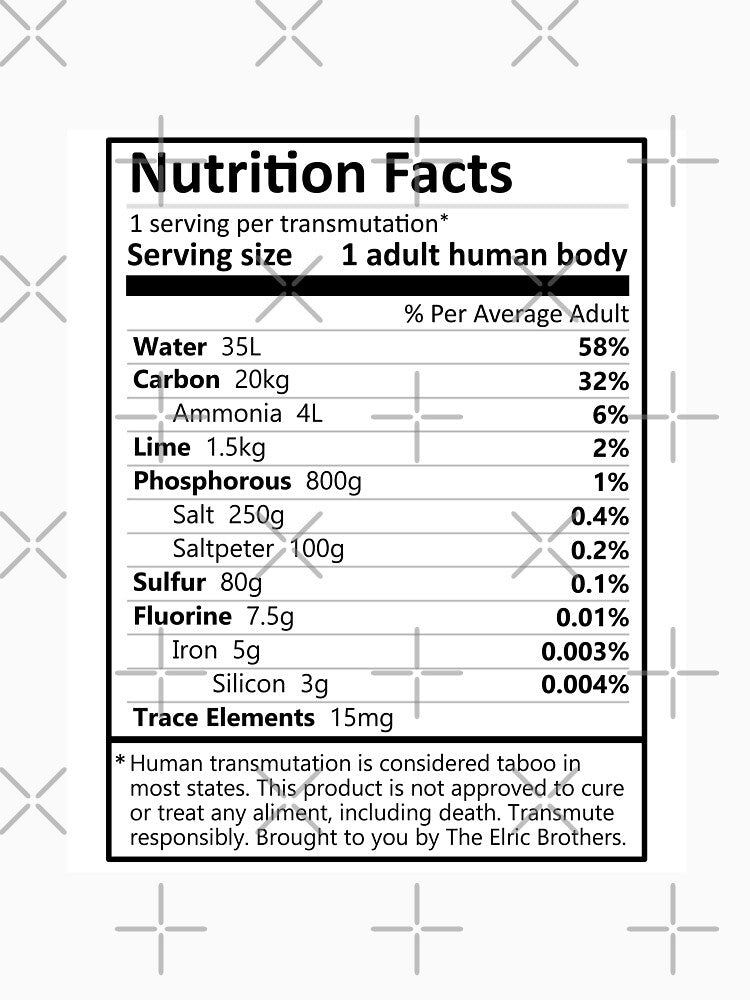 Fullmetal Alchemist Brotherhood, Transmutation Nutrition Label Funny Edward Elric Quote Subtle Fanart by AniMayhemMerch