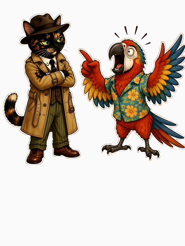Funny Cat Detective and Dramatic Parrot Gift for Best Friend Introvert and Extrovert Duo True Crime Cat Lover by Martin's_Design