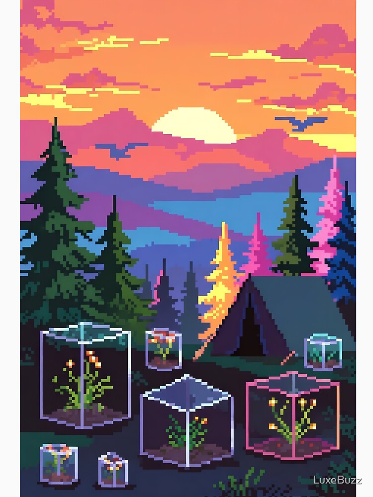 Retro Pixel Sunset Camp with Mini Terrariums by LuxeBuzz Unisex , , , Long Sleeve Tee