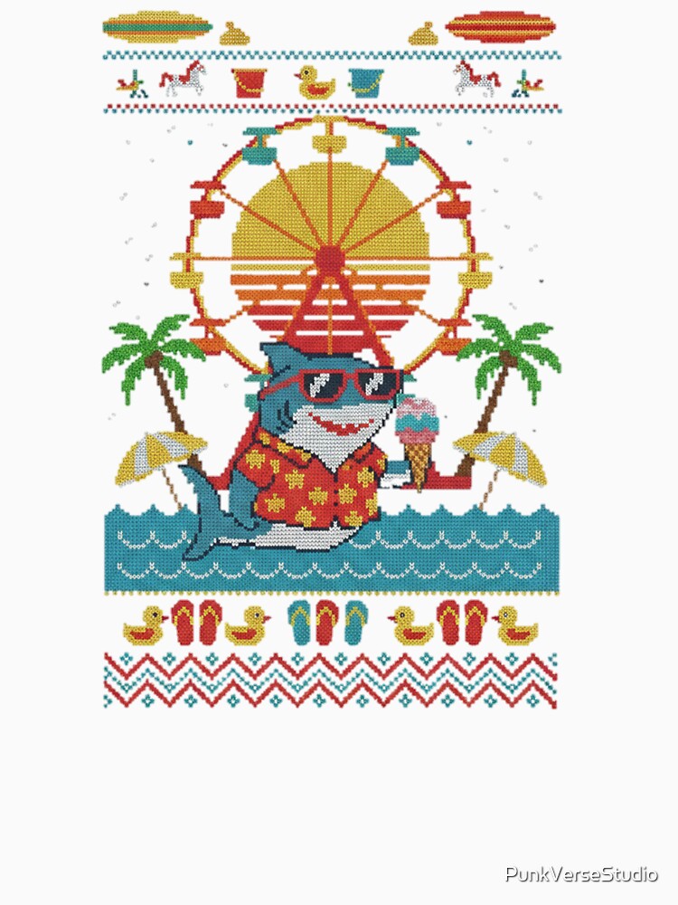 Pixel Knitted Style Ferris Wheel by the Sea – Retro Sweater Design with Shark Drinking by PunkVerseStudio
