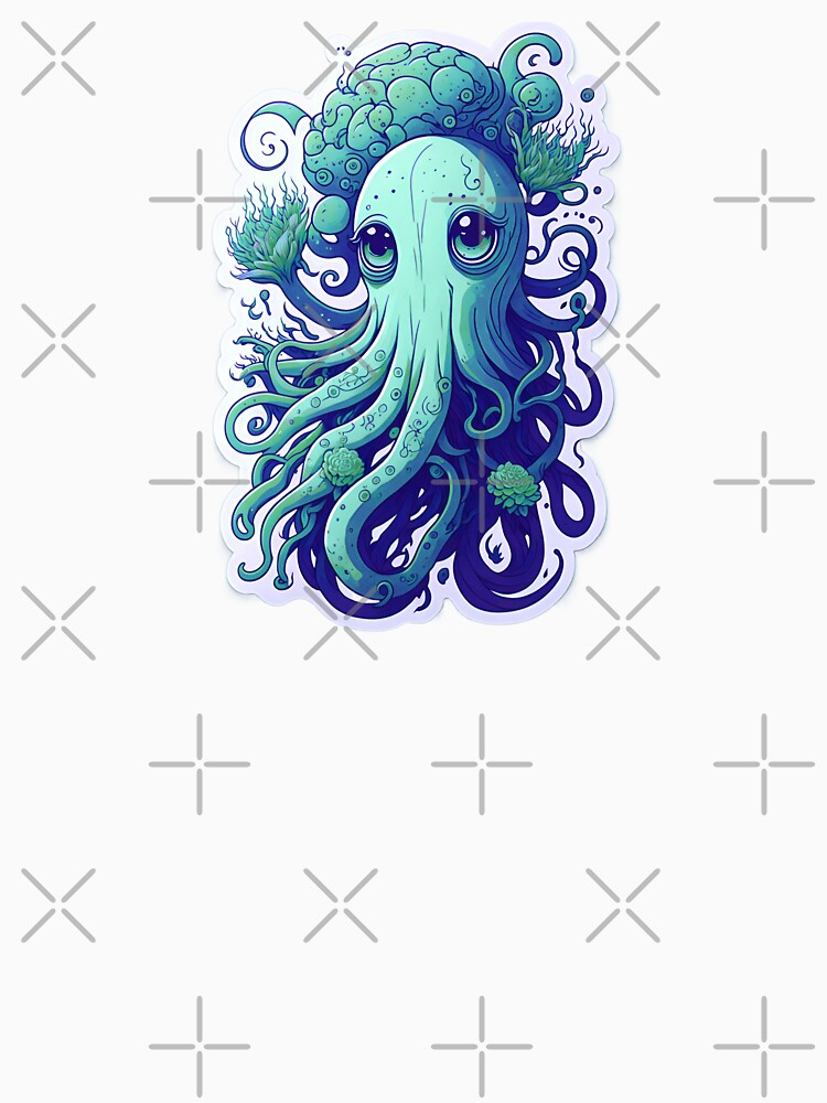 Magical Illustration Cute Teal Octopus Vibrant Colorful Psychedelic Pastel Flowers Big Sad Eyes With Mushroom head by SassyArtistry