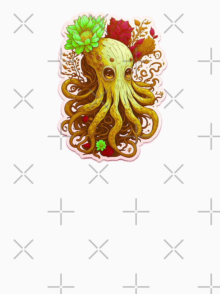 Magical Illustration Cute Yellow Octopus Vibrant Colorful Psychedelic Pastel Flowers Sad Eyes by SassyArtistry