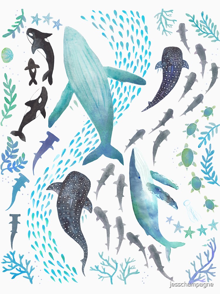 Sharks, Humpback Whales, Orcas & Turtles Ocean Play Print by jesschampagne