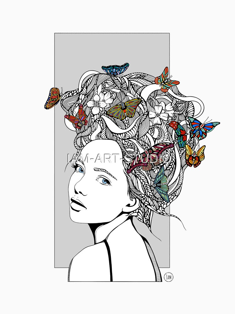 Elegant Female Butterfly Portrait Line Art Illustration by IAM-ART-STUDIO