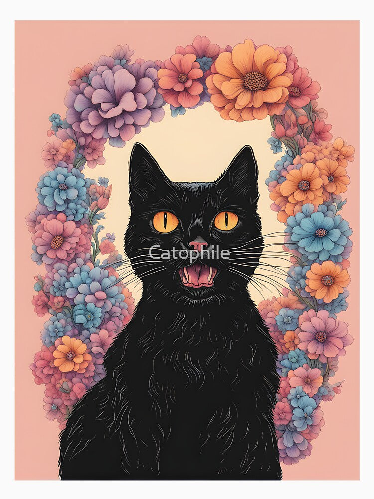 Psychedelic Black Cat floral and Doddle flowers by Catophile