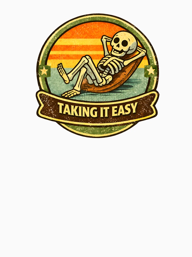 Taking It Easy – Relaxed Skeleton Vintage Cartoon Badge by WorkXPlay Unisex , , , Long Sleeve Tee