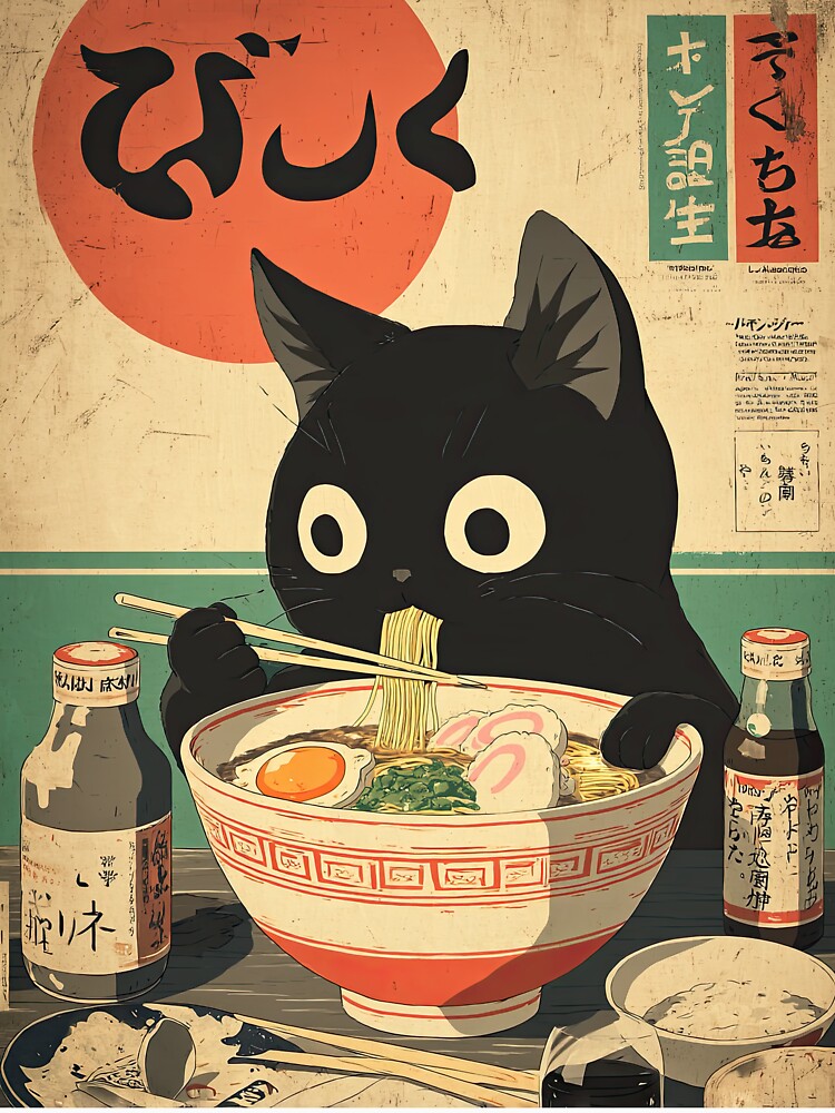 Kawaii Kuro Neko Ramen Run by Retro Type Unisex , , , Long Sleeve Tee