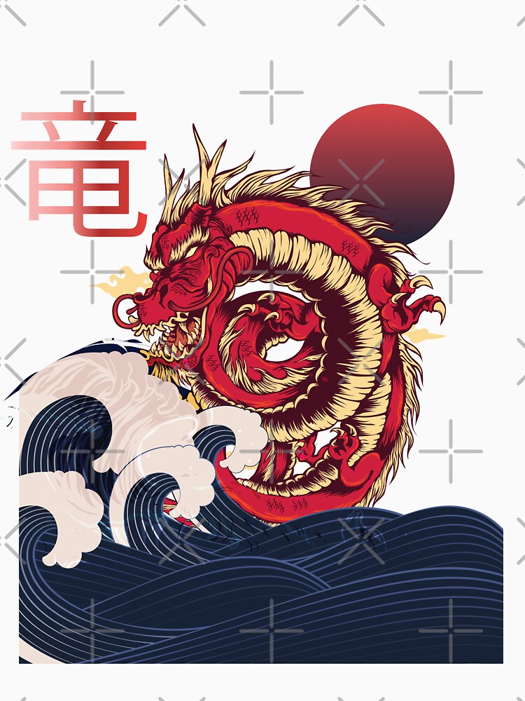 Japanese Anime Wave, Dragon and sun design by Cheeky Companions Unisex , , , Long Sleeve Tee