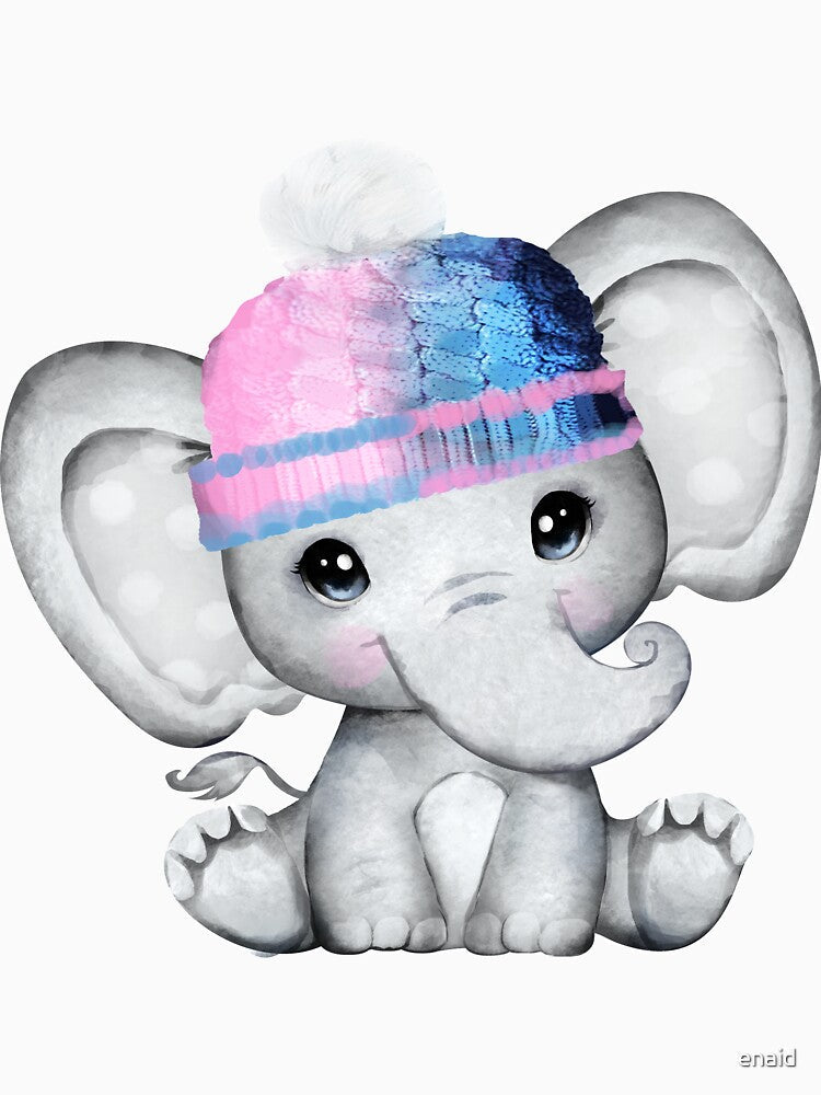 Cute elephant in pink and blue hat by enaid Unisex , , , Long Sleeve Tee