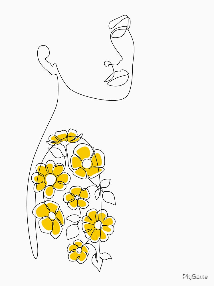 One Line Drawing Art Female Sketch Mustard Yellow Flower by PigGame