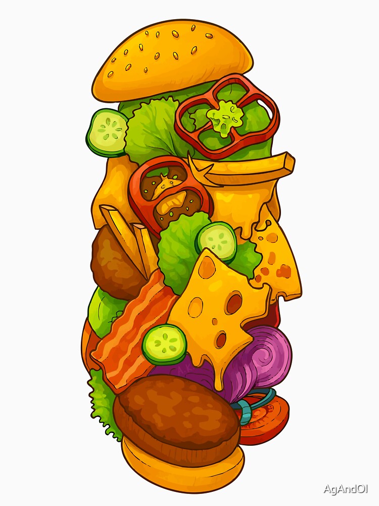 Ultimate Stacked Burger Cartoon Art by AgAndOl Unisex , , , Long Sleeve Tee