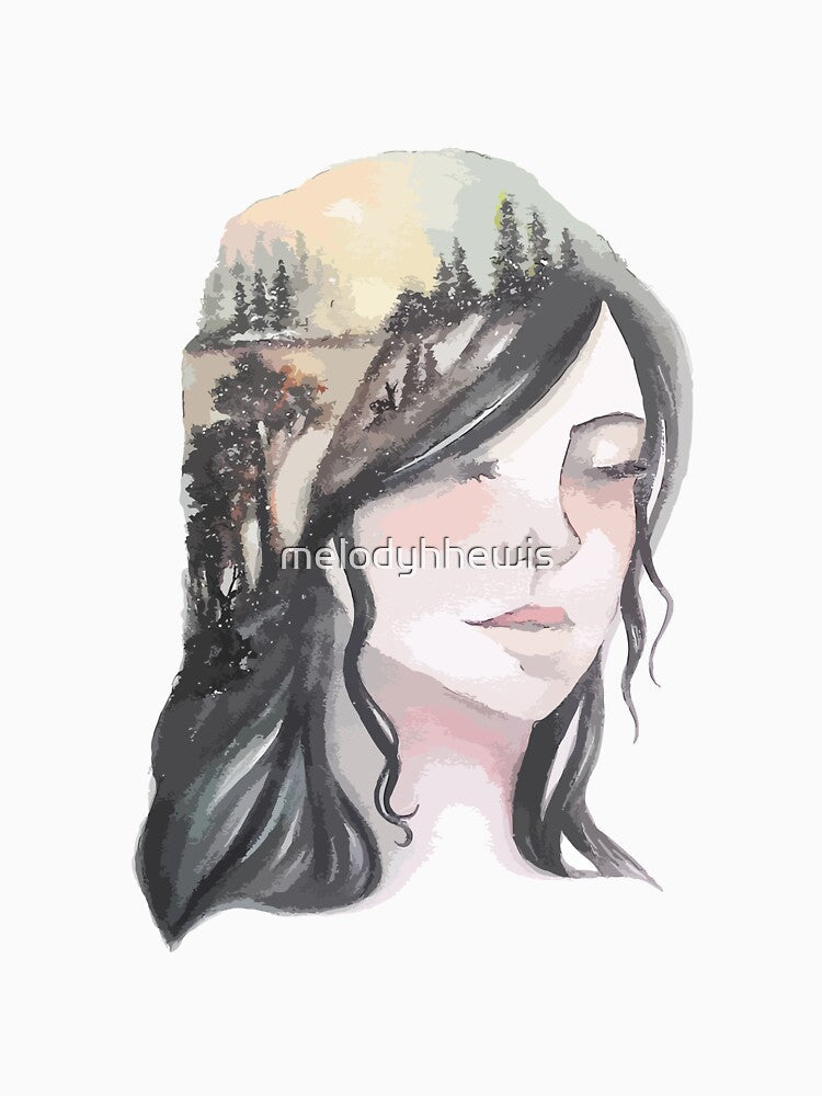 Watercolor Girl Soft Blush Forest Hair Aurora Borealis Beautiful by melodyhhewis Unisex , , , Long Sleeve Tee