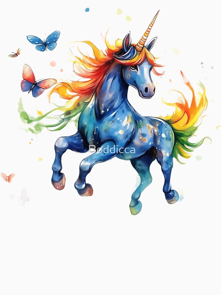 Rainbow Unicorn Dancing with Butterflies by Boddicca Unisex , , , Long Sleeve Tee