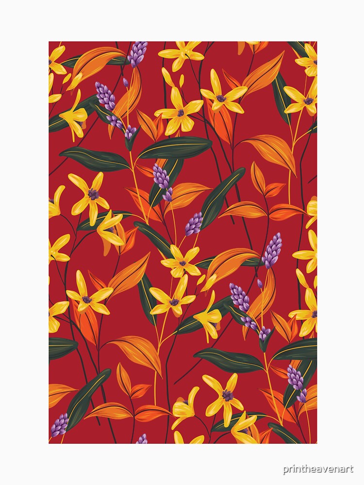 Retro Style Flowers on Red Background by printheavenart