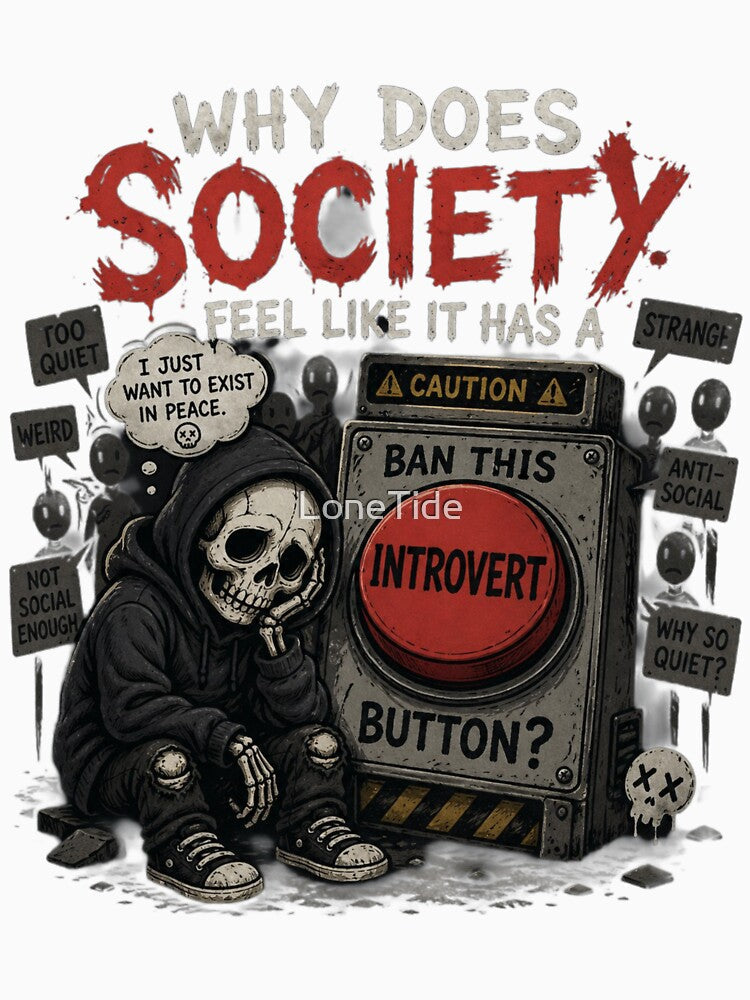 Why Does Society Feel Like It Has a Ban This Introvert Button? - Funny Social Anxiety Meme Design by LoneTide