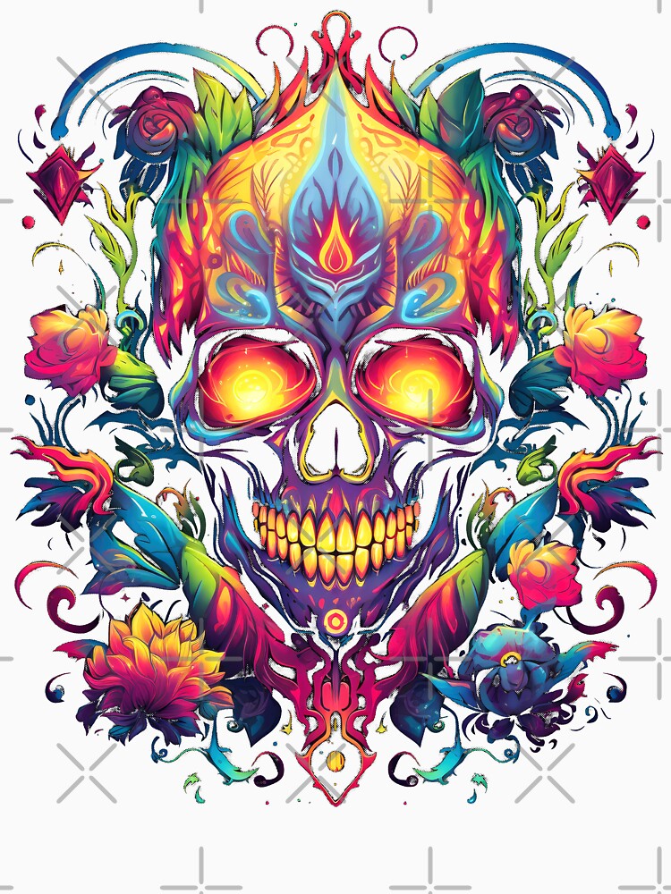 Day of the Dead, Dia de los Muertos, Sugar Skull, Colorful Vibrant Skull, Skull with Flowers by Vinson-MFG
