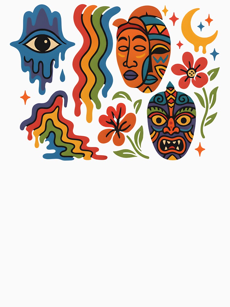 Psychedelic Tribal-Inspired Mask Shirt – Abstract Boho Art T-Shirt with Trippy Eye & Colorful Waves by StyleLabStudios