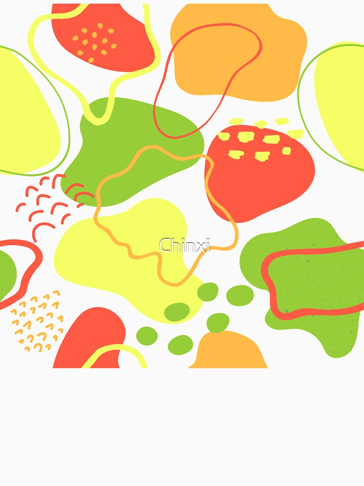 Mid century abstract shapes pattern (pastel red, orange, yellow and green on white background) by Chinxi