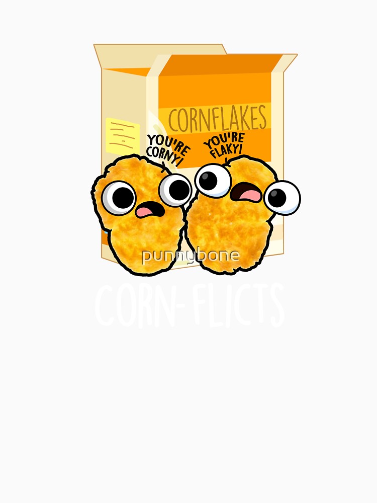 Corn-flicts Funny Corn Flakes Pun (Dark BG) by punnybone Unisex , , , Long Sleeve Tee