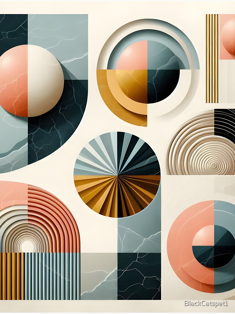 Mid-century modern geometric shapes with colorful marble textures by BlackCatspet1