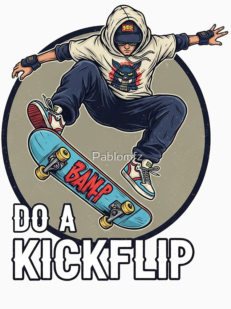 Skate and Destroy Kickflip – Edgy Skater Cartoon Design by Pablomfz Unisex , , , Long Sleeve Tee