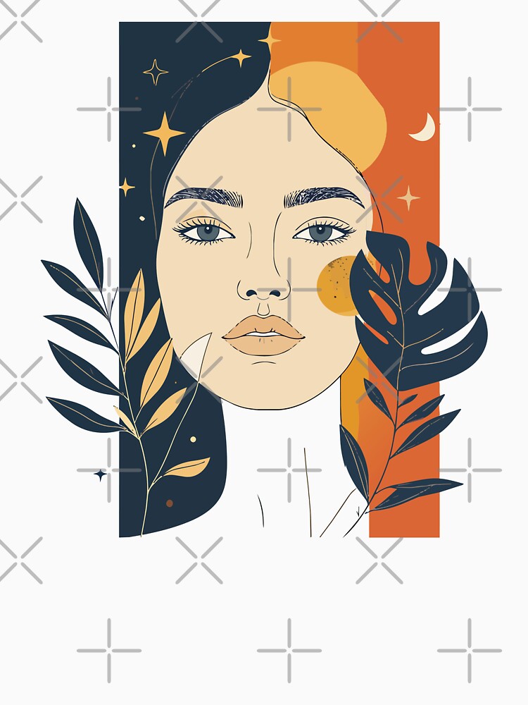 Minimalist Tropical Woman Profile Print - Abstract Mid Century Modern Boho Leaves Art by BestChoiceService