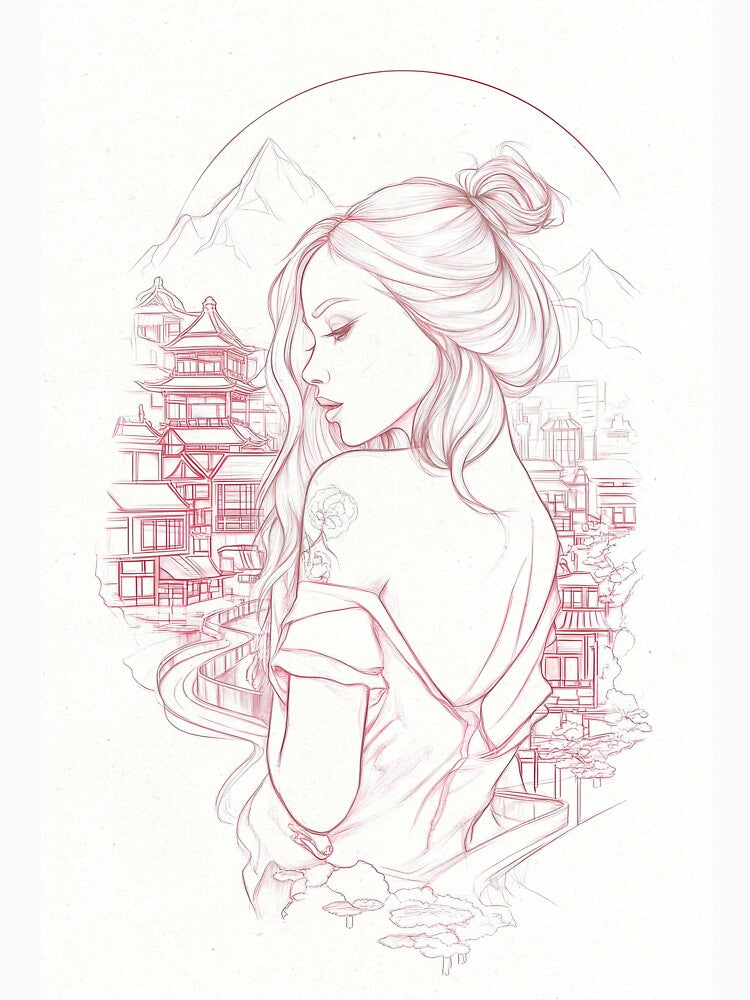 Zen Girl Line Art | Ethereal Woman Portrait with Oriental Cityscape by FlowNestStudio