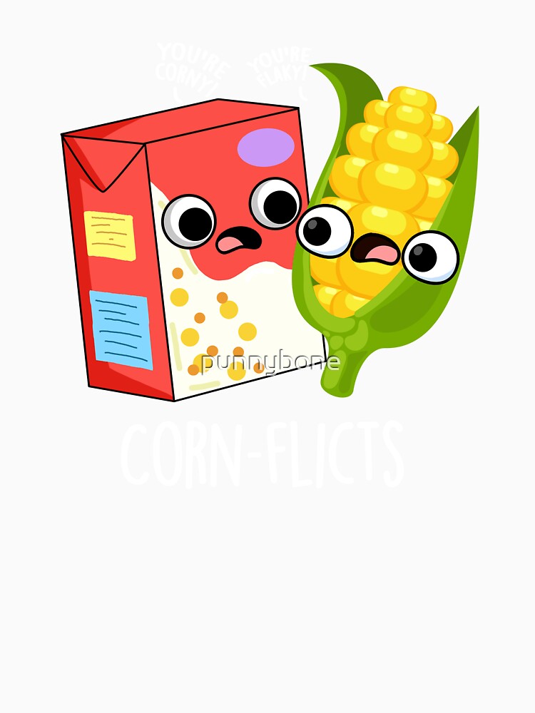 Corn-flict Funny Cornflake Corn Pun (Dark BG) by punnybone Unisex , , , Long Sleeve Tee